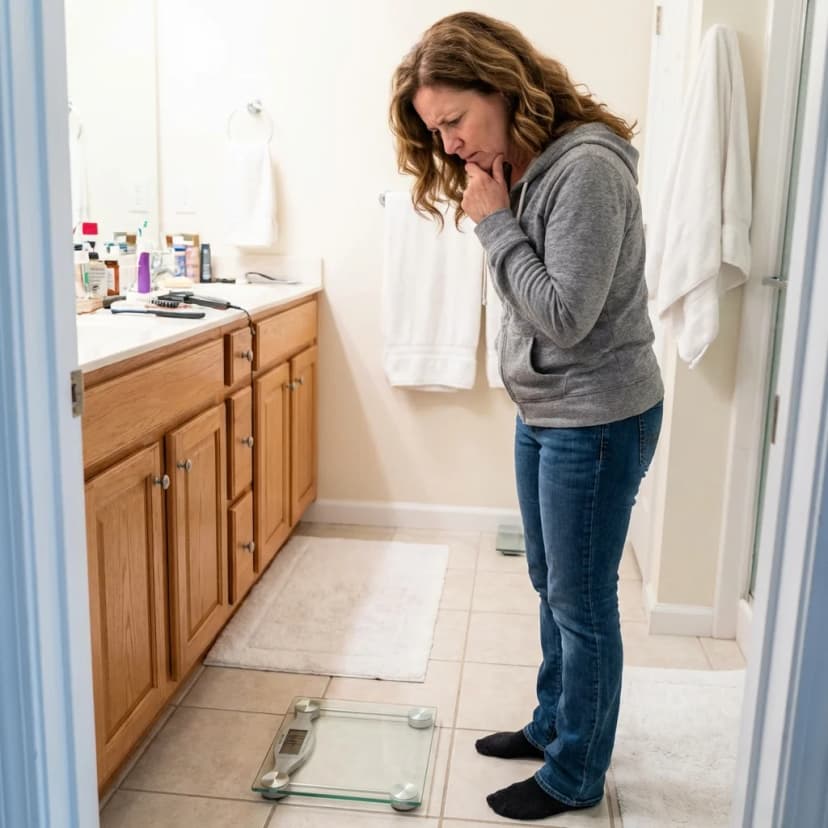 Person looking confused at a bathroom scale